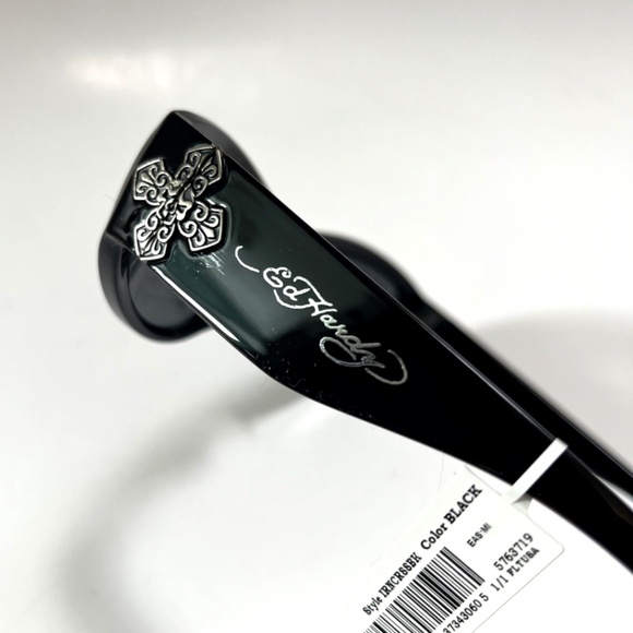 Ed Hardy Black Wrap Sunglasses Silver Gothic Cross Logo Y2K Unisex UV400 Acetate - Picture 4 of 7